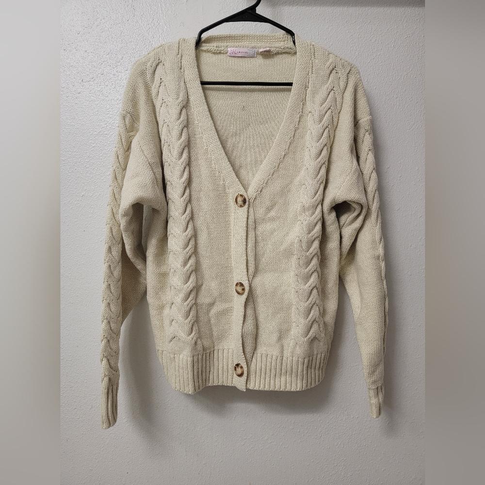 Cream Cable Knit Cardigan with Ribbed Trim